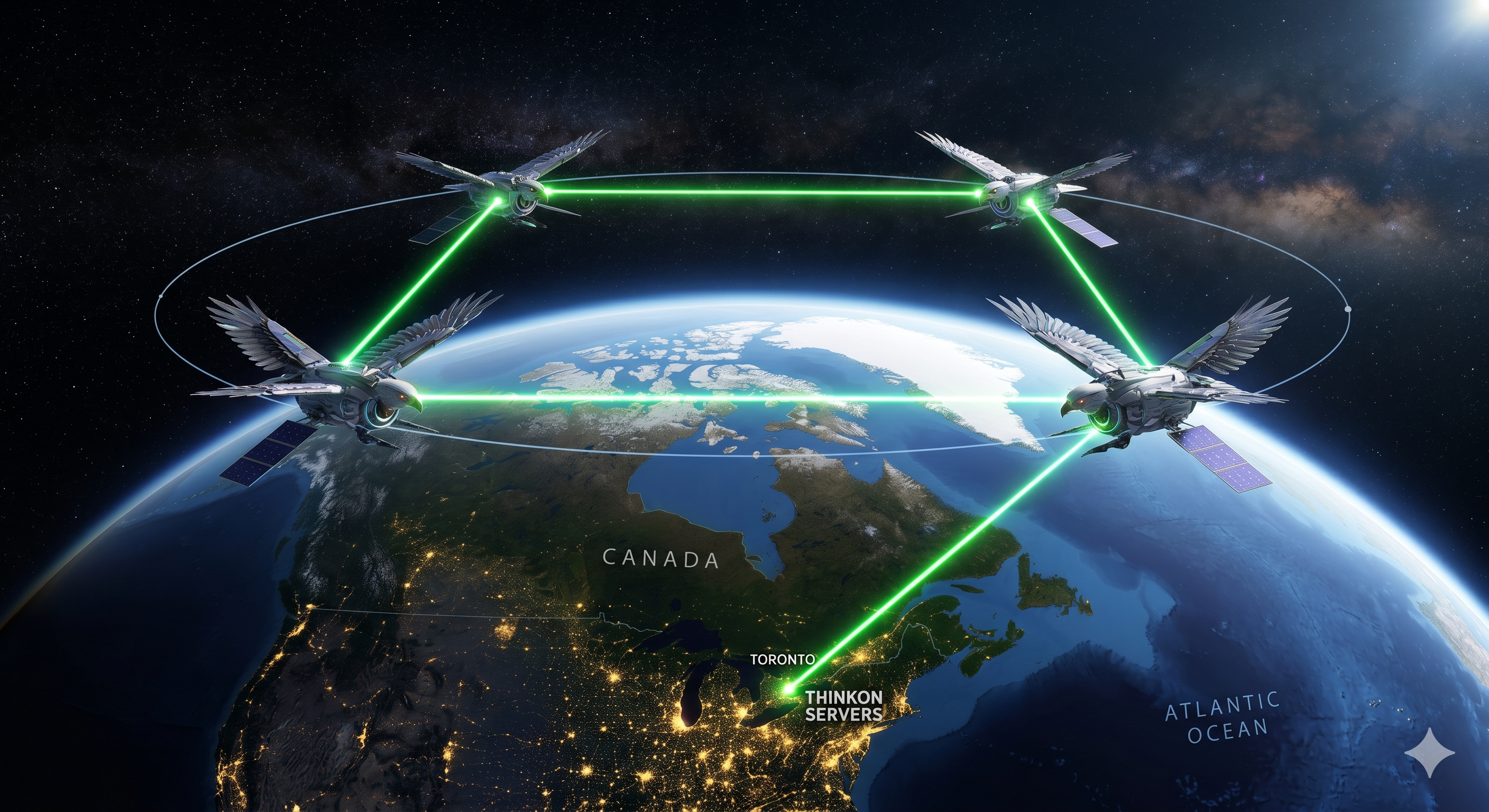 The Sacred Hoop Constellation — four satellites connected by laser links orbiting over Canada with ThinkOn ground servers